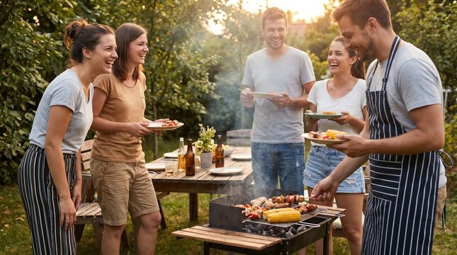 Group of diverse young adult friends enjoying a summer backyard barbecue party with grilled food and drinks in a garden setting