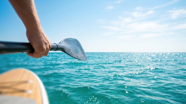 First Person View Paddleboarding on Turquoise Ocean Water, Active Lifestyle Concept, Summer Vacation Activity, Outdoor Water Sports Recreation