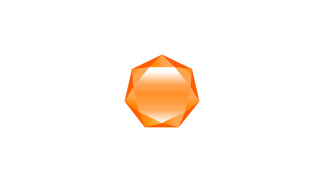 A glossy orange heptagonal geometric graphic shaped like a faceted gemstone or icon badge with a central gradient reflection