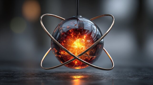 Fiery orb with golden metallic rings illustrating a conceptual planetary or atomic structure.