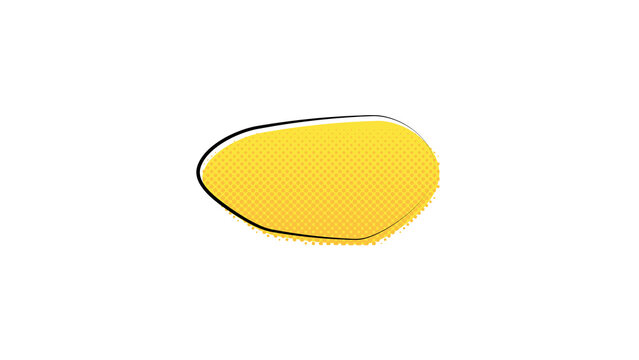 A vibrant yellow comic book speech bubble featuring a textured halftone dot pattern and a bold black drop shadow outline