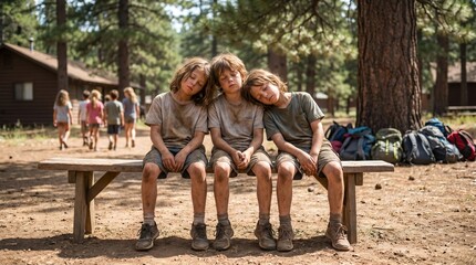 Fototapeta premium Three tired young boys resting on a wooden bench at summer camp in the forest, exhausted children sleeping outdoors after outdoor activities, childhood adventure concept
