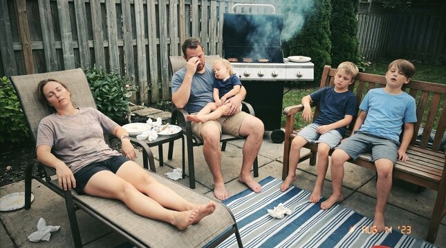Exhausted Caucasian family of five sleeping in backyard during summer barbecue party, parents and three children napping outdoors