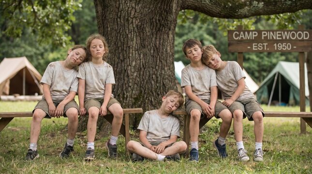 Exhausted young children sleeping together at summer camp outdoors, tired diverse boys and girls resting on wooden bench after outdoor activities