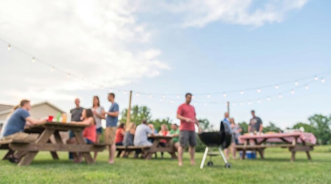 Diverse Group of Friends Enjoying Backyard Barbecue Cookout Party at Sunset with Grilled Food and Drinks in Suburban Garden Setting