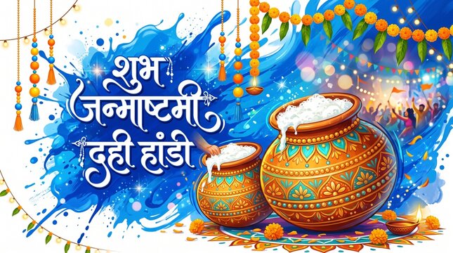 Celebrating happy Janmashtami festival of India with llustration of Lord Krishna and dahi handi competition with text in Hindi meaning 'Krishan Janmashtami'- vector background