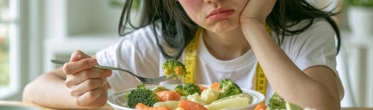 Unhappy Mealtime: A young girl with a pensive expression sits at a table, struggling to eat a plate of healthy vegetables, a measuring tape around her neck suggesting a focus on diet and weight.
