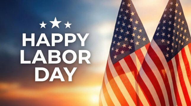 Vibrant labor day greeting with american flags at sunset