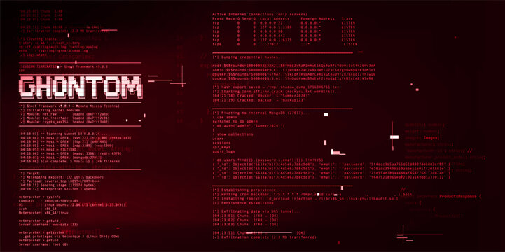 Programming code display with script elements and glitch effects on black background. Vector realistic illustration of red digital screen backdrop, software development, data structure lines