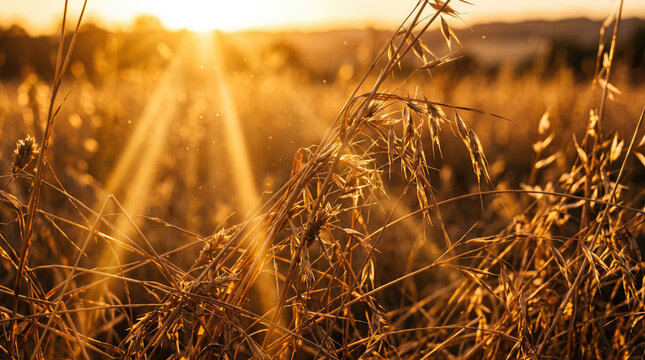 Golden sun rays pierce dry grass in a serene field at sunset, evoking warmth.