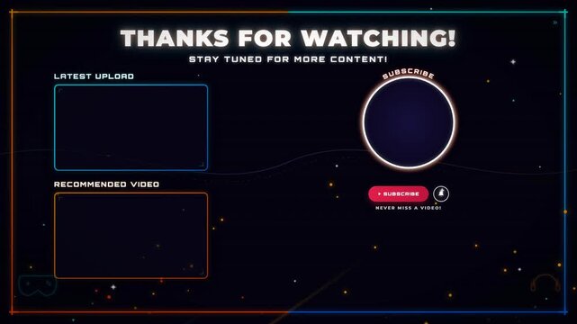 Vibrant neon gaming end screen for video content creators with subscription and video recommendation slots.