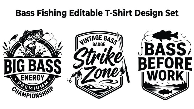 Bass fishing editable tshirt design set with vintage badges and logos