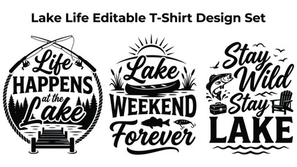 Fototapeta premium Lake life editable tshirt design set with quotes and graphics