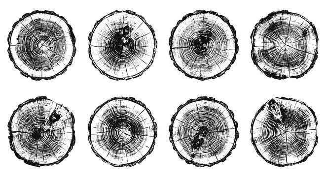 Wood log cross section collection with realistic tree rings and stump textures