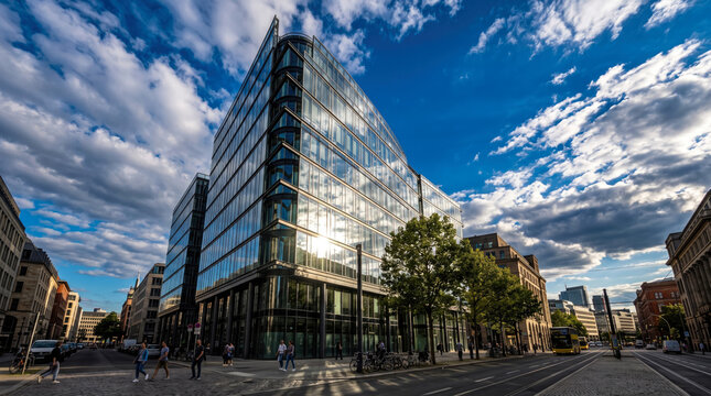 Modern european office building reflecting bright summer sunlight