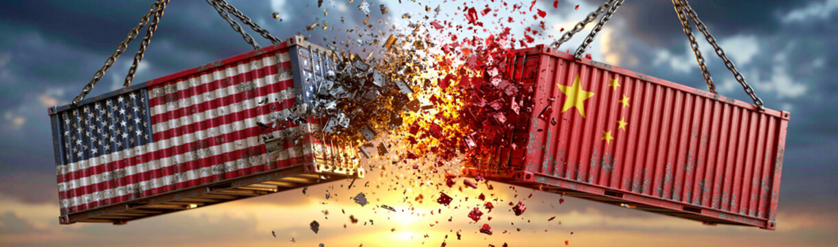 Collision of Giants: Two shipping containers, one emblazoned with the American flag and the other with the Chinese flag, collide with explosive force.