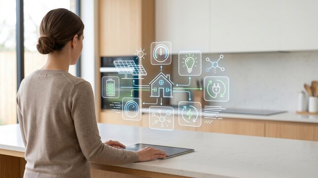 Woman managing smart home energy system using tablet, controlling solar panels and battery storage with futuristic holographic interface displaying electricity usage and eco fri...
