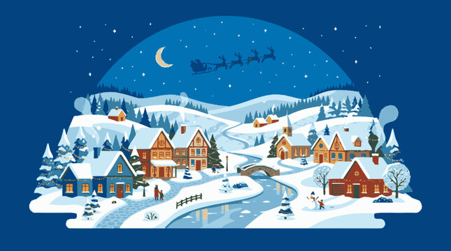 Stylized vector illustration of a cozy snow-covered village nestled in