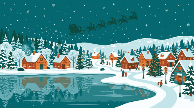 Vector illustration of a serene winter night scene with snow-covered o