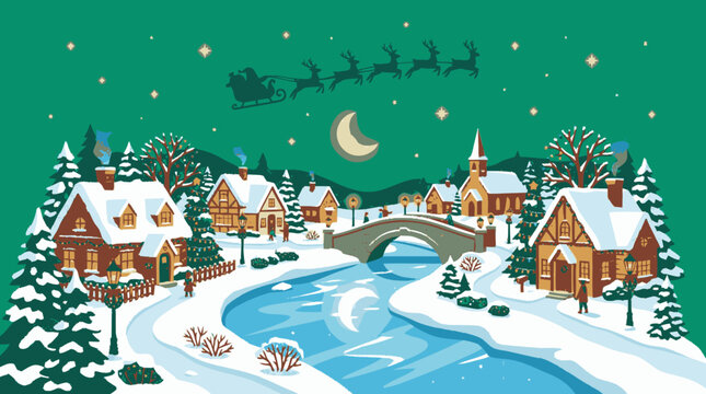 Vector illustration of a snow-covered Christmas village at night featu