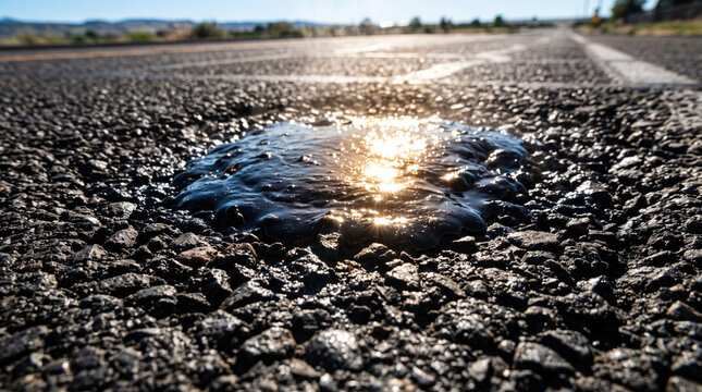 Black asphalt melting on road during extreme summer heat wave