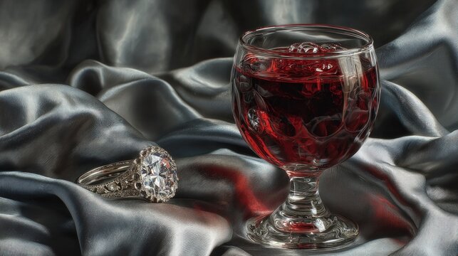 Glass of red wine and diamond ring on silver silk fabric