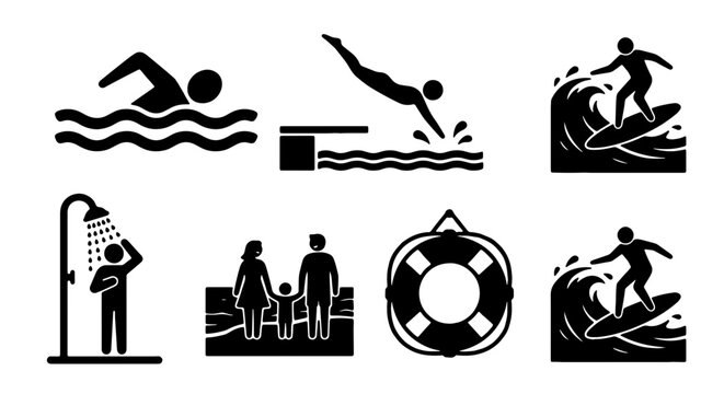 Water Sports and Recreation Icons: Swimming, Diving, Surfing, Showering, Family Beach, Lifesaver, Vector Graphics for Summer Activities and Leisure