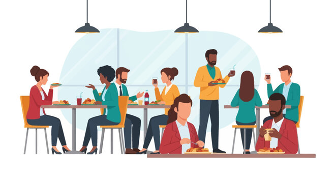 Flat vector illustration of diverse multiracial employees sharing a meal in a corporate office cafeteria or canteen with colleagues sitting at tables and talking together.