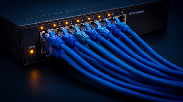 Network switch with connected ethernet cables and led lights.