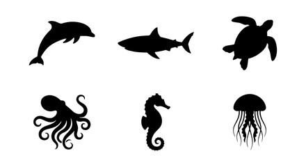 Marine Life Silhouettes: Dolphin, Shark, Turtle, Octopus, Seahorse, Jellyfish Icons. Aquatic Animal Vector Graphics for Ocean Themes. © Emon