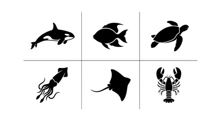 Marine Life Silhouettes Collection: Orca, Tropical Fish, Sea Turtle, Squid, Ray, Lobster Icons for Oceanography and Seafood Concepts © Emon
