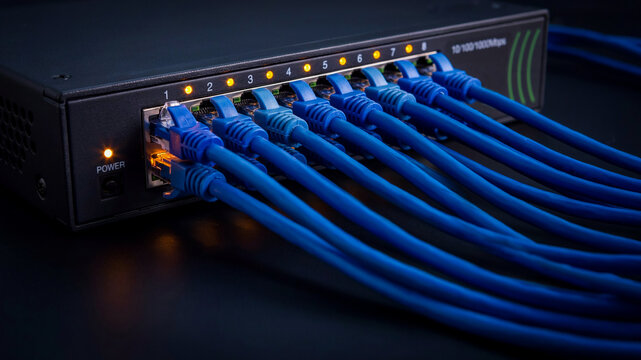 Network switch with connected ethernet cables and led lights.
