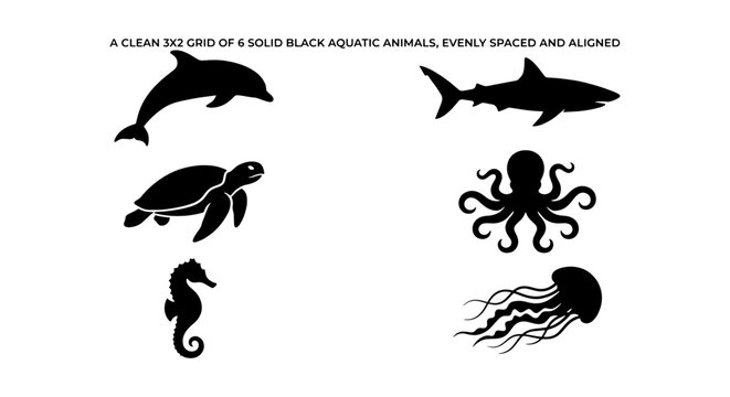 Clean 3x2 Grid of Solid Black Aquatic Animals, Evenly Spaced and Aligned Vector Icons: Dolphin, Shark, Turtle, Octopus, Seahorse, Jellyfish
