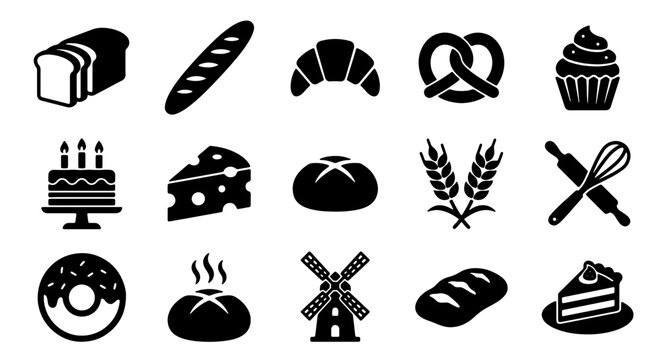 Bakery Icons Set: 15 Vector Graphics for Bread, Pastries, Cakes, and Sweets. Food Symbols for Cafes, Restaurants, and Culinary Themes.
