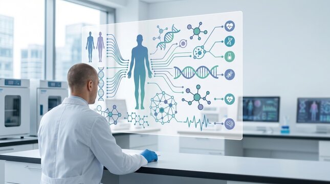 Scientist viewing holographic human body with DNA and molecular structures in laboratory, advanced biotechnology research and genetic engineering concept