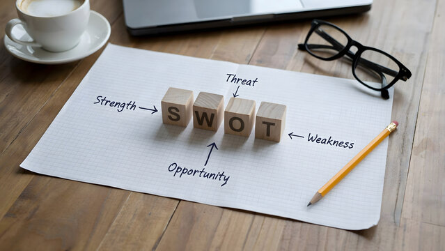 Swot analysis concept with wooden blocks and labels on white paper desk