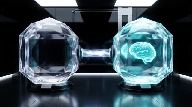 光る脳のシルエットがエネルギービームを通じて別の容器へ転送されるサイエンスCG