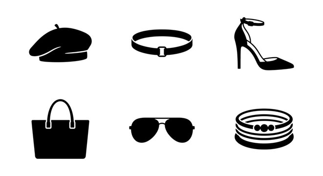 Fashion Accessories Icons Set, Chic Black Vector Graphics for Style Collections, Elegant Handbag, High Heel Shoe, Beret Hat, Sunglasses, Belt, Bangles
