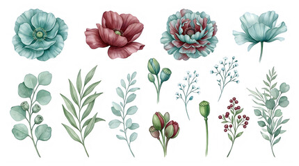 Naklejka premium Watercolor floral illustrations with leaves and flowers