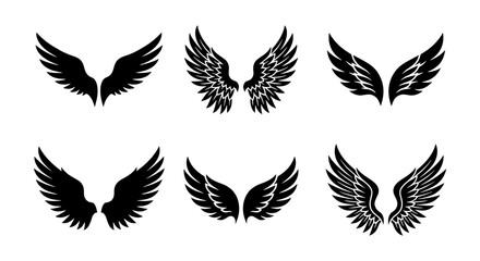 Fototapeta premium Set of Six Black Vector Wings, Angelic Feathered Designs, Heraldic Symbols, Tattoo Art Elements, Graphic Icon Collection