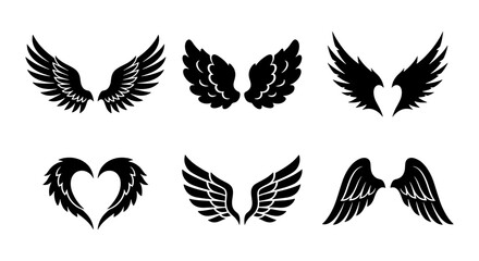 Fototapeta premium Six Black Angel Wings Vector Icons, Stylized Feathered Wing Illustrations, Heraldic Emblem Elements, Decorative Design Motifs, Spiritual Symbol Graphics, Tattoo Art Inspiration