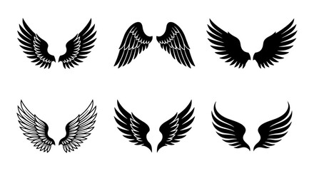 Fototapeta premium Set of 6 Black and White Angel Wings Vector Icons, Heraldic Symbols, Tattoo Designs, Emblem Elements