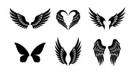 Fototapeta premium Black Angel Wings Vector Icons Set, Feathered Wing Silhouettes for Graphic Design, Tattoo Art, and Emblems