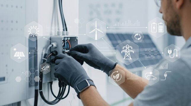 Skilled technician installing solar panel inverter with augmented reality icons showing renewable energy flow, smart grid technology integration, sustainable power generation an...