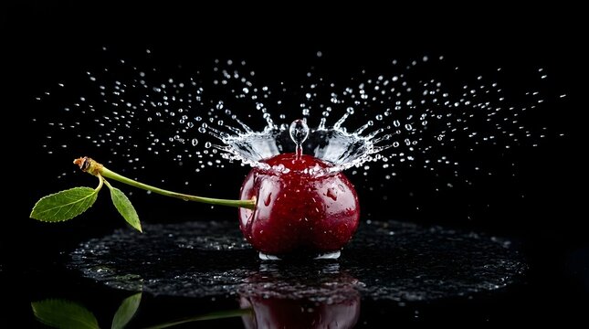 Water droplet splashing on a single red cherry with green leaves