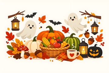 Fototapeta premium cozy autumn harvest basket with pumpkins, ghosts and halloween seasonal decorations
