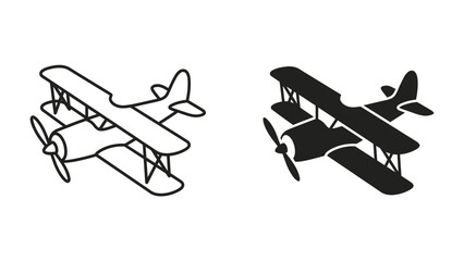 Biplane Icon: A clear and simple icon representing a biplane, presented in both outline and silhouette form, perfect for representing aviation, travel, or vintage themes. © Mahbuba
