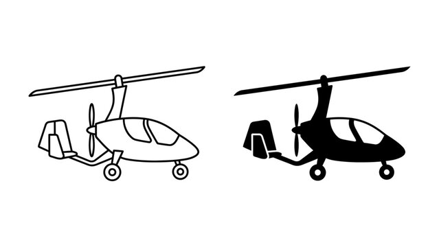 Autogyro Aircraft Icons: A set of two simplified icons representing an autogyro, also known as a gyroplane or gyrocopter, in both line art and silhouette styles.