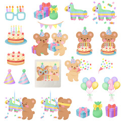 Fototapeta premium Illustration set of cute bears celebrating a birthday party