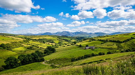 Obraz premium Rolling green hills under a bright blue sky with fluffy clouds.